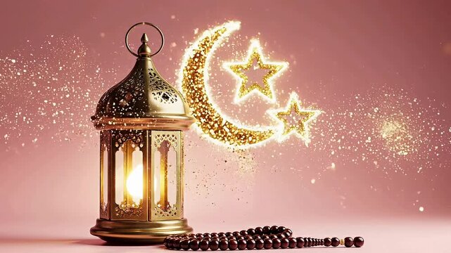 Golden Ramadan Lantern with Crescent Moon and Stars, Magical Islamic Night Scene, Spiritual Muslim Festival Background, Warm Glow Lighting, Holy Month Decoration, Cinematic Loop Animation