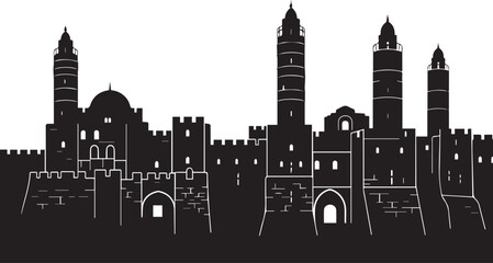 Obraz premium Jerusalem old city silhouette skyline illustration with ancient walls and towers vector