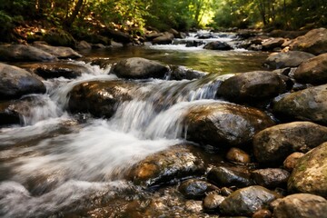 Obraz premium Fresh Forest Stream Flowing Over Rocks
