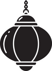 Obraz premium A traditional lantern hanging from a chain, black illustration on a white background, viewed from the front
