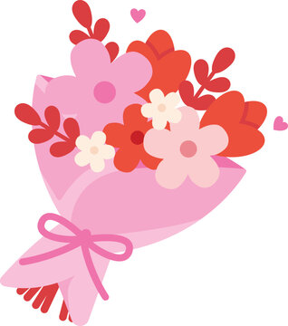 A romantic, pink bouquet with flowers, hearts, and a bow. A cute design element for Valentine's Day, weddings, or love-themed projects.