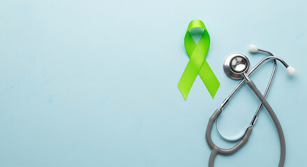 Green awareness ribbon and stethoscope on a blue background, symbolizing health awareness and medical care