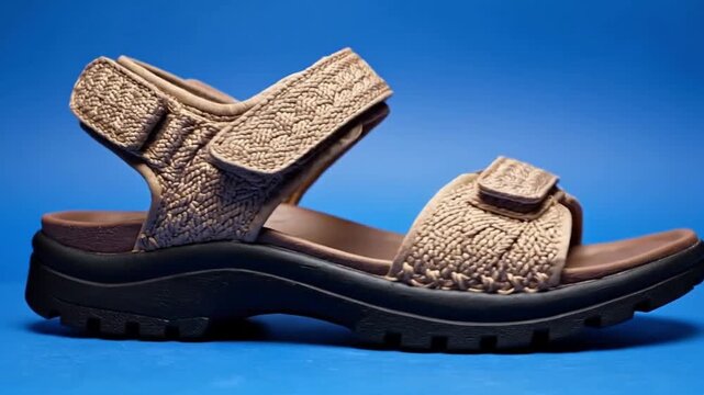 A tan sandal with a thick black sole is set against a blue background The sandal has textured straps