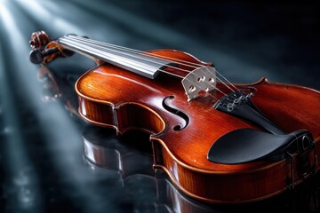 Fototapeta premium Polished Violin on Dark Reflective Surface with Dramatic Lighting
