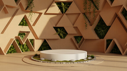 Minimalist white podium in a geometric backdrop with integrated lighting, plants, and stones.