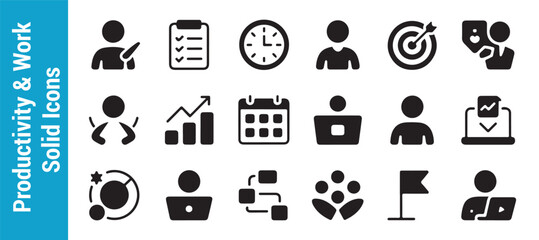 Productivity and work solid icons set vector illustration design for business and office management success