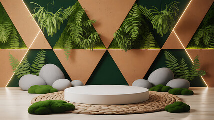 Product display stage with white podium, surrounded by smooth grey stones and lush moss against a geometric wall.