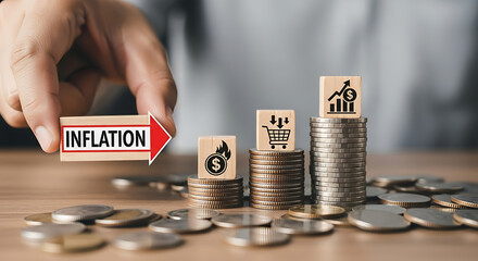 Wooden block with 'INFLATION' text and arrow pointing right, surrounded by stacked coins and shopping cart icon.