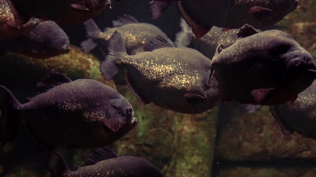 A school of piranhas glimmers under bright light in an aquarium. Their sharp scales shine as they hover together, displaying their predatory nature and elegant, coordinated movements in high-resolutio