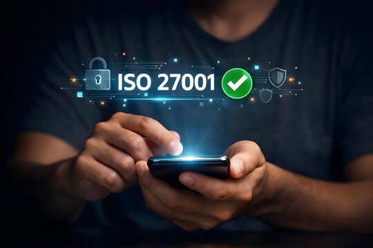 Person using smartphone to choose ISO 27001 for information security management system (ISMS), requirements, certification, management, standards. ISO 27001 concept.