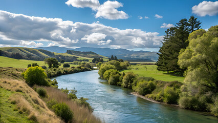 Scenic view of river during sunny day at Motueka Valley, South Island, New Zealand
