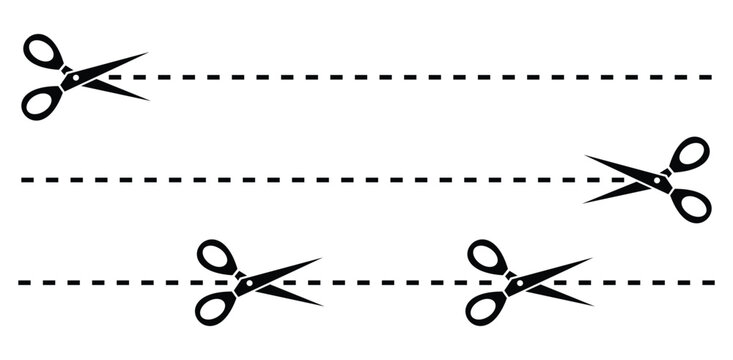 Scissor, trim line icon. Scissors cutting dashed line icon in solid black style isolated on white background representing cut, edit, separation and craft concept.
