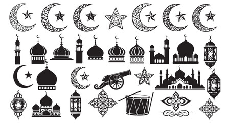 Obraz premium Islamic ramadan bundle with mosque lantern drum and cannon vector