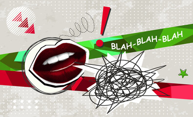 Trendy Halftone Collage with talking mouth with text - blah blah and message bubble. Concept of gossip, secret and communication.	