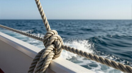 Close-up of nautical rope knot on boat railing with ocean backdrop