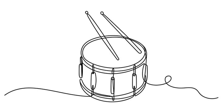 A continuous line drawing of a snare drum with drumsticks on a white background Vector, illustration