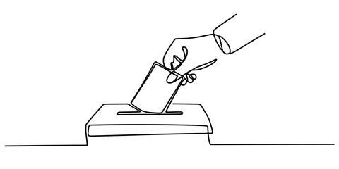Continuous line drawing of a person's hand casting a vote in a ballot box Vector, illustration © Single Line Art