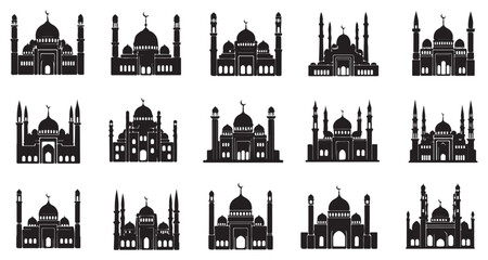 Fototapeta premium Mosque silhouette set with various islamic building architecture vector