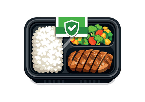 colored flat icon vector illustration isolated on white background ready meal box icon clear window showing simple rice veg protein safe combo