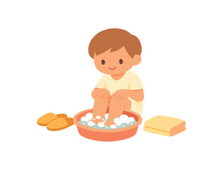 stock vector illustration child washing feet small basin with gentle foam before bed flat color fills clean shapes no outline no stroke few solid colors (4 7 color palette) medium
