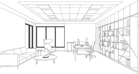 Modern Office Interior Room Sketch Vector Illustration Featuring Minimalist Furniture Desk Bookshelf Sofa Large Windows and Professional Workspace Design © NURUL