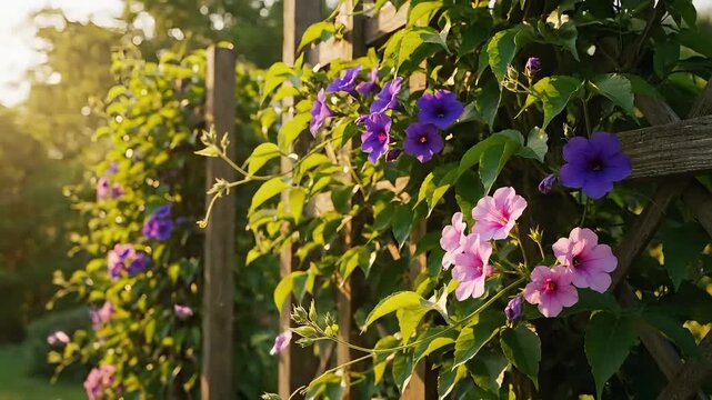 Vibrant morning glories blooming on rustic wooden trellis in sunny garden