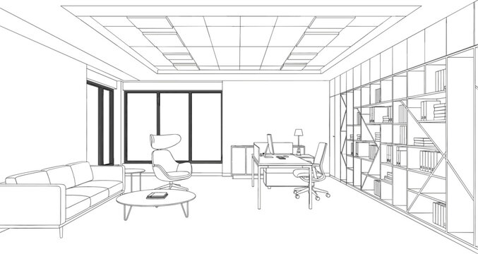 Modern Office Interior Room Sketch Vector Illustration Featuring Minimalist Furniture Desk Bookshelf Sofa Large Windows and Professional Workspace Design