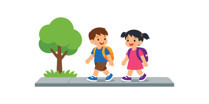 colored flat icon vector illustration isolated on white background two kids walking on sidewalk with backpack and tree simple school route safety flat on white background clean shapes