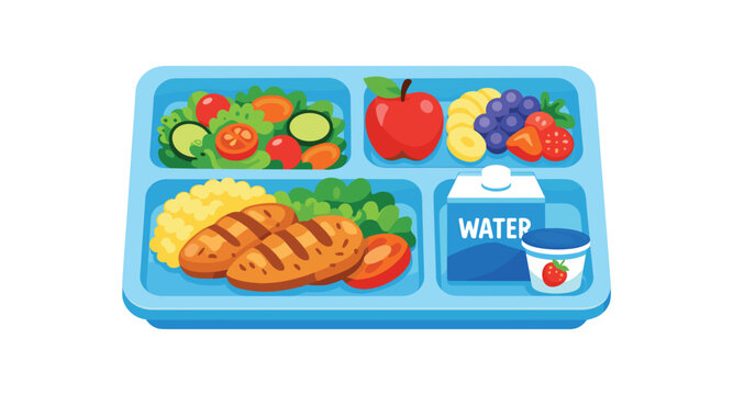 full color icon kids school cafeteria tray with main dish salad fruit and water balanced children meal clean shapes. colored flat icon vector illustration isolated on white background