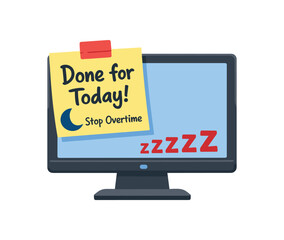 full color flat icon sticky note on monitor saying done for today with tiny moon icon stop overtime