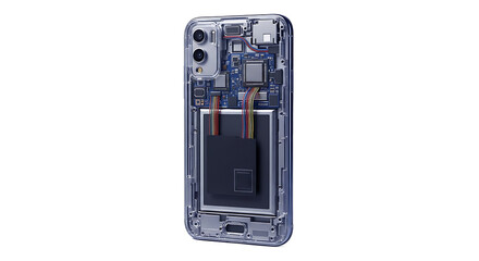 Disassembled smartphone with internal components visible isolated on a transparent background