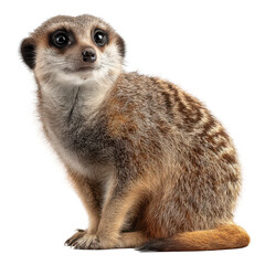 Fototapeta premium Portrait of a curious meerkat sitting upright with an alert expression and detailed tan and brown fur ,isolated on transparent background