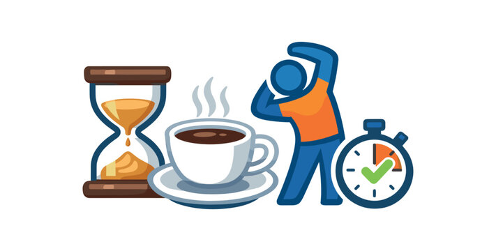 full color flat icon hourglass beside coffee cup and stretch icon short microbreak timer