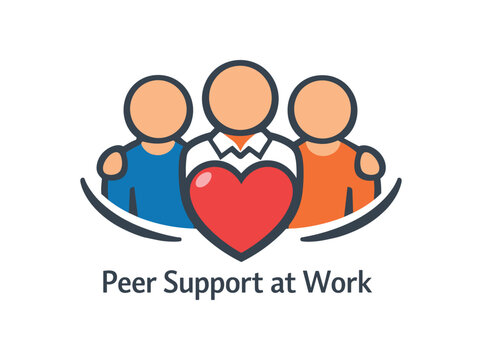 full color flat icon group of three simple figures with heart between peer support at work