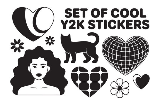 Set of cool y2k stickers featuring a heart with a target a girl with curly hair and a cat