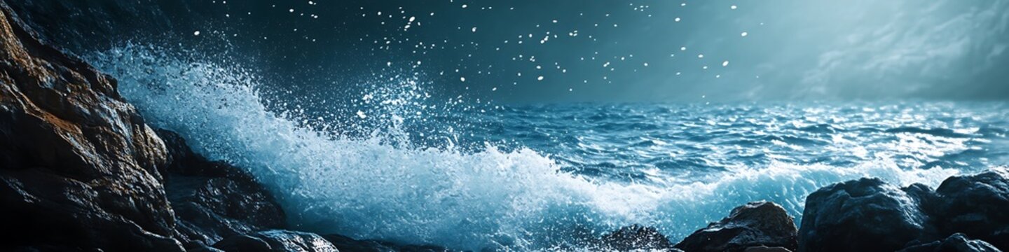 Intense dark blue ocean wave powerfully crashing against rugged coastal rocks creating dramatic sea spray under moody twilight lighting