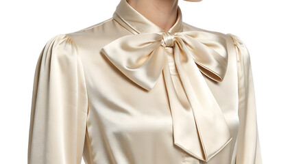 Elegant cream satin blouse with a large bow at the neckline.
