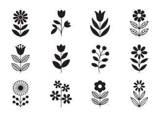 Set of twelve simple folk flower icons in a minimalist black and white style on a clean background © Moni