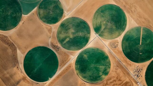 Aerial top down view of circular center pivot irrigation crop fields in semi arid farmland forming abstract green geometric pattern