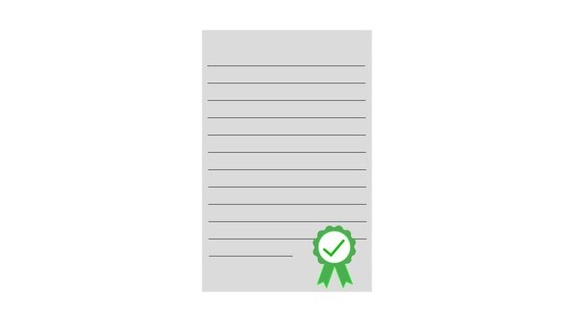 Approved document animation with checkmark badge on white background showing verification, confirmation and successful approval process.