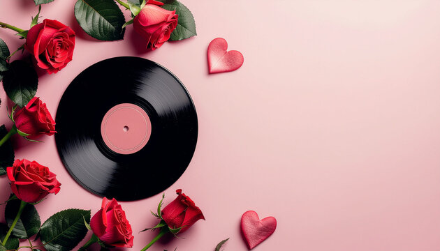 Romantic vintage valentine flatlay featuring red roses and a vinyl record on a soft pink background with warm analog tones and nostalgic mood.