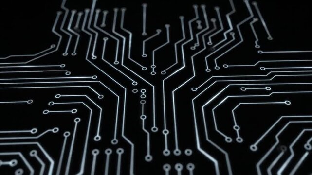 Circuit Board: A detailed view of a sophisticated circuit board, with intricate pathways of silver lines on a dark backdrop, highlighting the beauty of modern technological innovation.