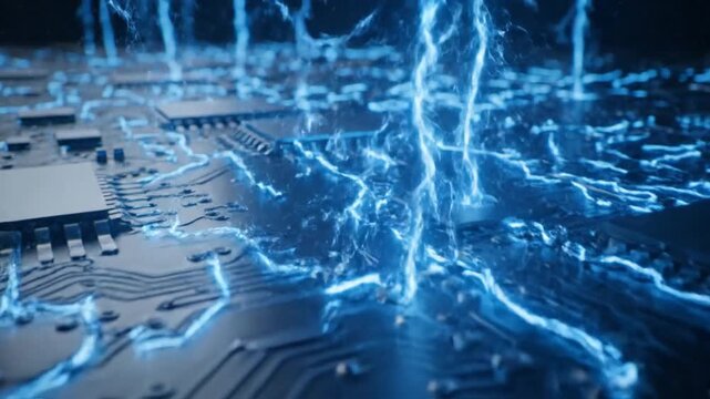 Digital Matrix: An electrifying display of technological power, showcasing the complex circuitry and vibrant energy flow of a modern circuit board.