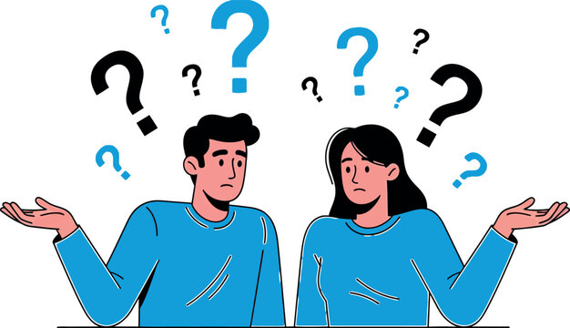 Confused young couple with question marks floating above their heads looking puzzled and uncertain