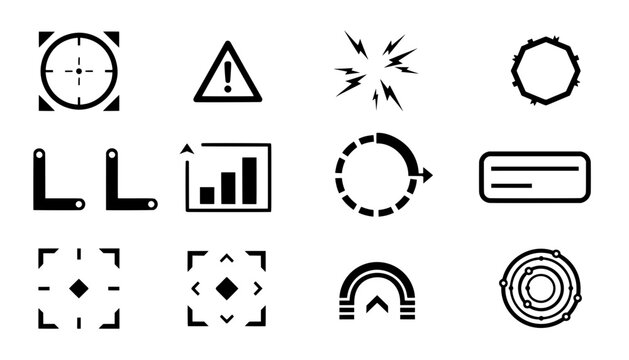 Set of black futuristic HUD user interface elements including target crosshair radar warning data chart and loading icons for game ui design