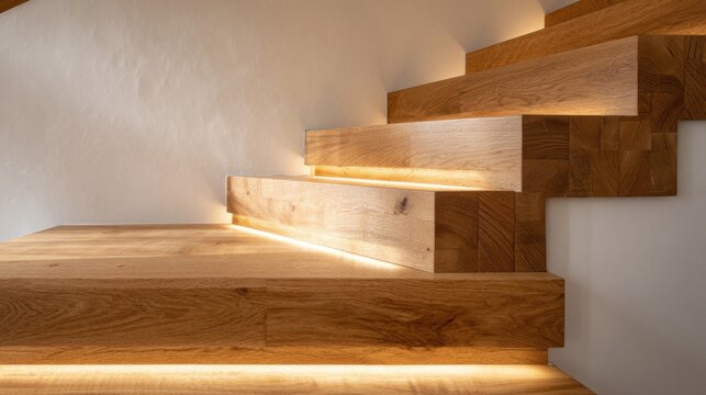 Contemporary interior staircase featuring floating oak wood steps with underlit LED strips creating glowing warm light effect, minimalist design against neutral plastered wall.