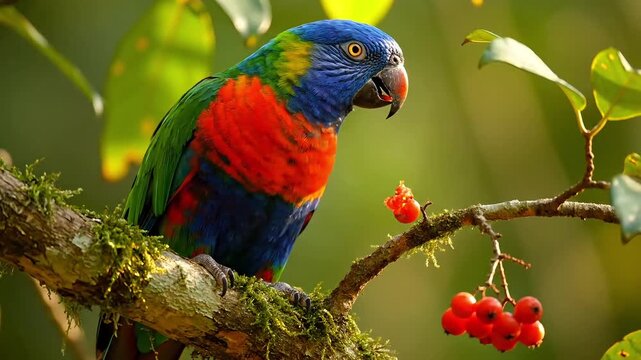 Vibrant parrot enjoying fresh berries on mossy branch in forest