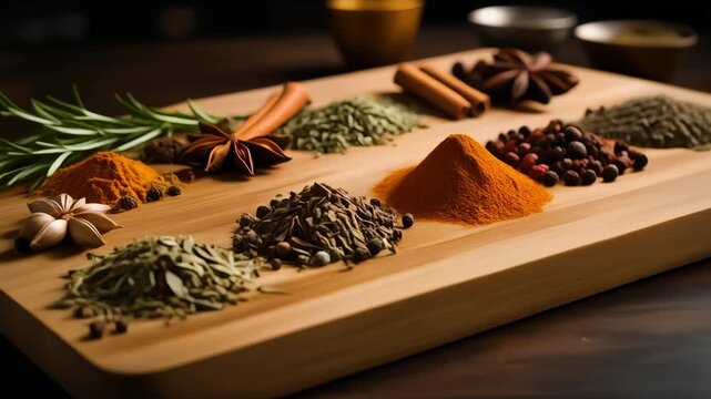 Clean shot of cutting board with spices arranged geometrically