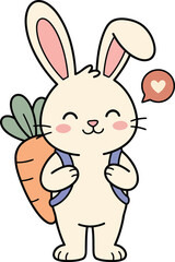 Obraz premium Cute Easter Bunny with Backpack and Carrot, Smiling Cartoon Vector Illustration