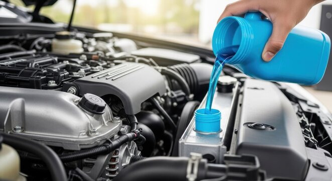 Adding blue fluid to a car's engine coolant reservoir under sunlight
